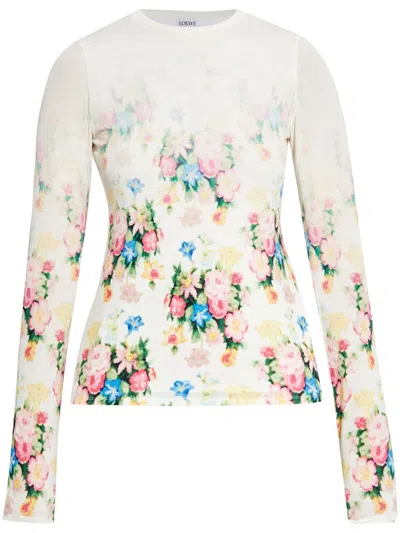 Loewe Stretch Modal T-shirt Floral Pattern In Whitemulticolor