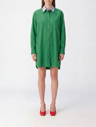 Loewe Long-sleeve Cotton Mini Shirt Dress With Embroidered Logo In Green