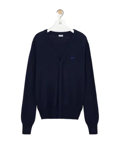 Loewe Long-sleeved Knitted Cardigan In Blue
