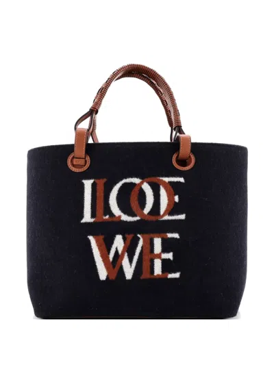 Pre-owned Loewe Love Anagram Wool And Leather Small Tote Bag In Blue