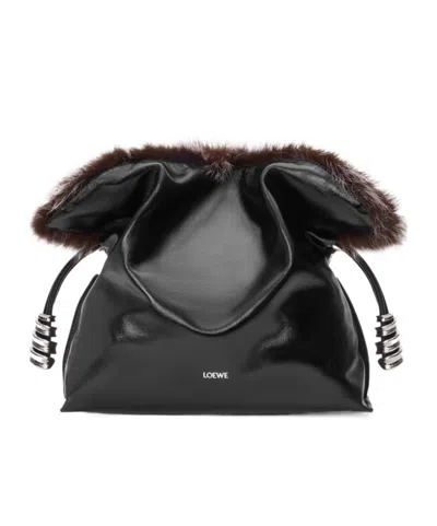 Loewe Medium Flamenco Clutch In Glossy Lambskin And Shearling In Black
