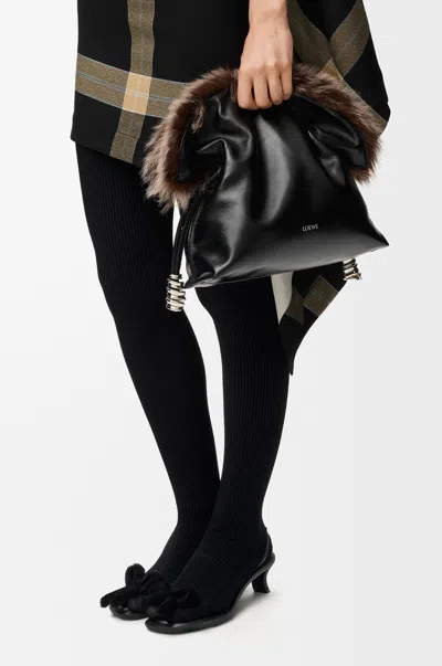 Loewe Medium Flamenco Clutch In Glossy Lambskin And Shearling For Woman In Black