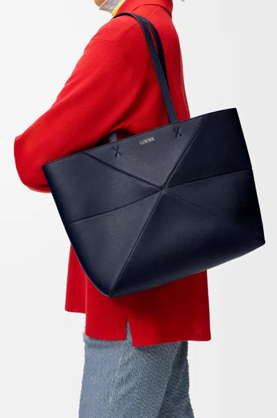 Loewe Medium Horizontal Puzzle Fold Tote In Soft Grained Leather Skin For Woman In Blue