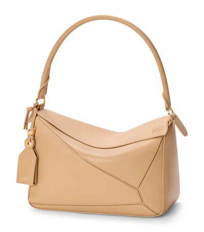 Loewe Medium Leather Featherlight Puzzle Top-handle Bag In Beige