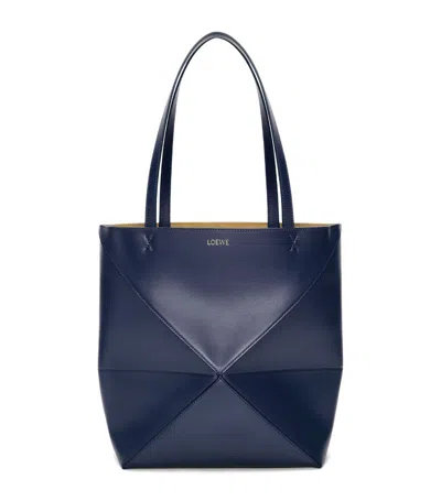 Loewe Medium Leather Puzzle Fold Tote Bag In Abyss Blue