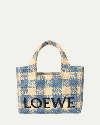 Loewe Medium Logo Tote Bag In Gingham Raffia In Natural/light Blue