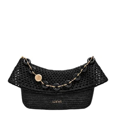 Loewe Medium Ola Shoulder Bag In Raffia And Calfskin In Black