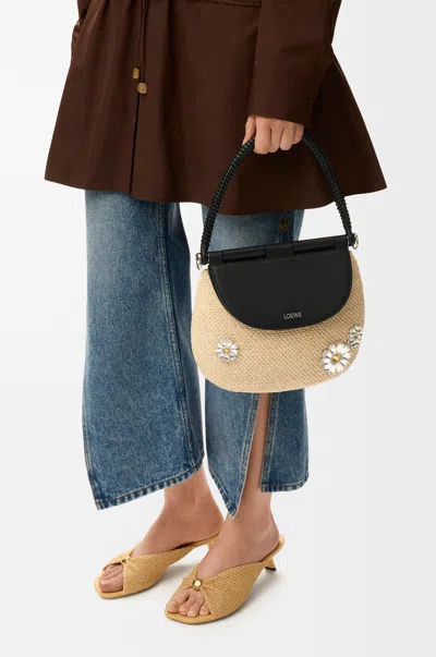 Loewe Medium Pescador Bag In Raffia And Leather Skin For Woman In Black