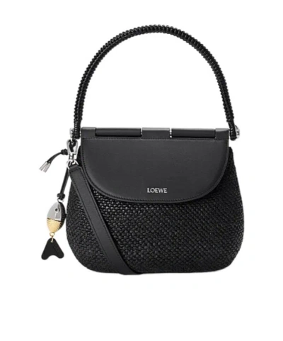Loewe Medium Pescador Bag In Raffia And Calfskin In Black