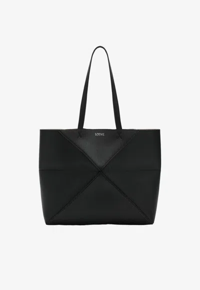 Loewe Medium Puzzle Fold Grained Leather Tote Bag In Black