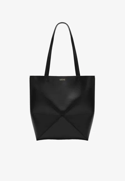 Loewe Medium Puzzle Fold Leather Tote Bag In Black