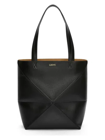 Loewe Puzzle Fold Convertible Medium Leather Tote In Black