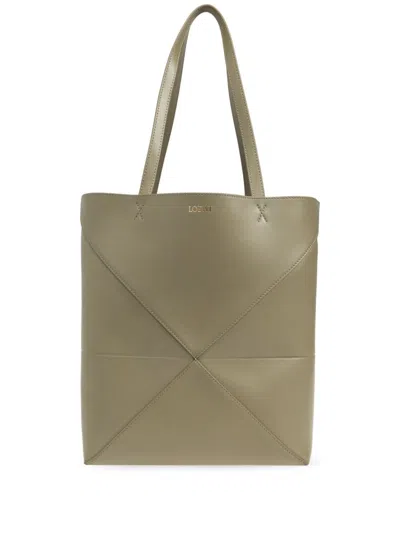 Loewe Puzzle Fold Medium Leather Tote In Green