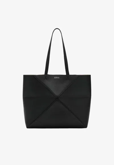 Loewe Medium Puzzle Fold Tote Bag In Grained Leather In Black
