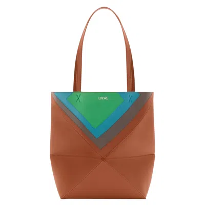 Pre-owned Loewe Medium Puzzle Fold Tote In Nappa Calfskin 'caramel/bright Green' | Tan | Women's Size Onesize In Brown