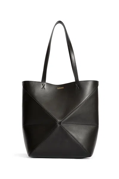 Loewe Medium Puzzle Fold Tote In Shiny Calfskin In Black