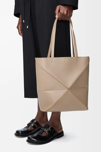 Loewe Medium Puzzle Fold Tote In Shiny Leather Skin For Woman In Neutral
