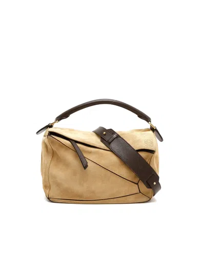 Loewe Medium Puzzle Suede Bag In Neutral