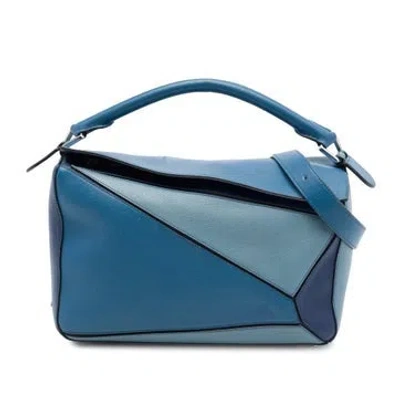 Pre-owned Loewe Medium Tricolor Calfskin Puzzle Satchel In Blue