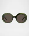 Loewe Men's Anagram Acetate And Nylon Round Sunglasses In Shiny Dark Green Brown