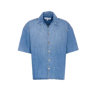 Loewe Men Anagram Denim Shortsleeves Shirt In Blue