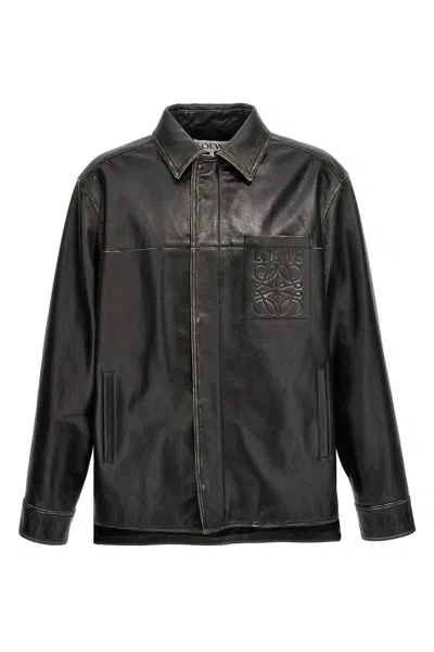 Loewe 'cipher' Front Pockets Leather Overshirt In Black