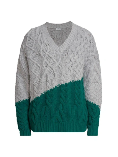 Loewe Men's Cable-knit V-neck Sweater In Grey Green