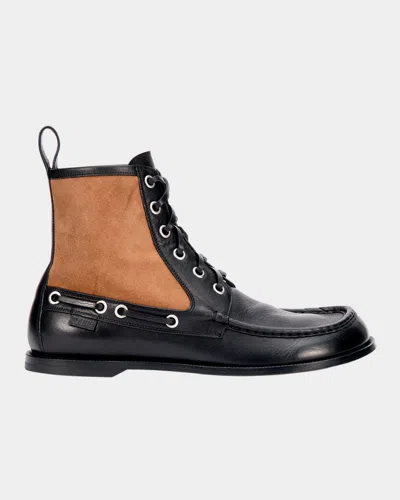 LOEWE MEN'S CAMPO LEATHER AND SUEDE LACE-UP BOOTS