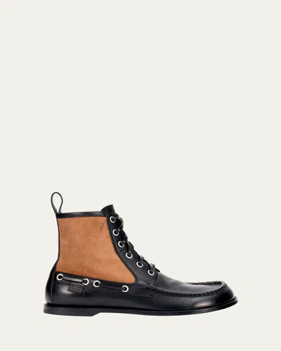 LOEWE MEN'S CAMPO LEATHER AND SUEDE LACE-UP BOOTS