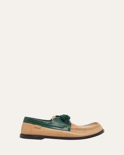 Loewe Men's Campo Soft Calfskin Boat Shoes In Cinnamon/green
