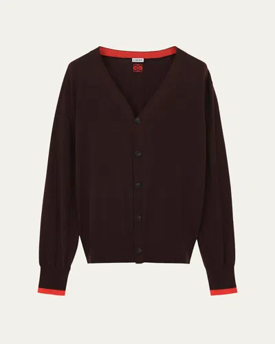 Loewe Men's Contrast-trim Knit Cardigan In Brown
