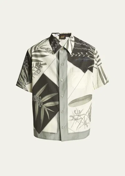 Loewe Short Sleeve Shirt With Plant-print In Cotton And Silk In Green