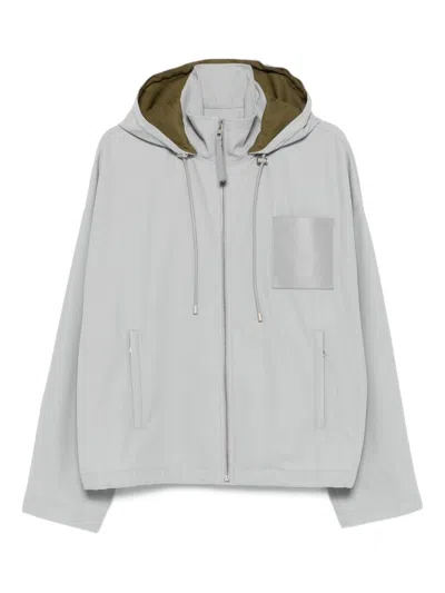 Loewe Logo-debossed Leather-trimmed Cotton-twill Hooded Jacket In Gray