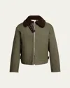 Loewe Shearling And Leather-trimmed Garment-dyed Cotton-twill Jacket In Khaki Green