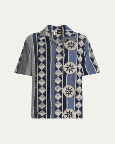 LOEWE MEN'S COTTON TERRY COMPASS-PRINT CAMP SHIRT