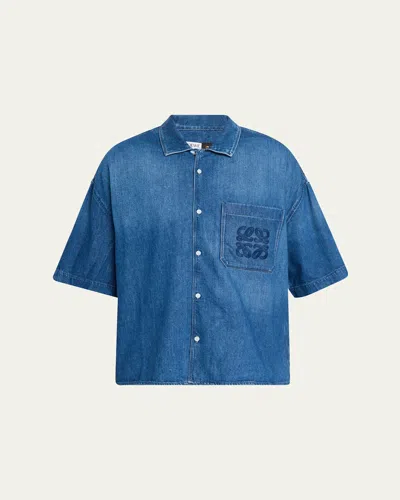 LOEWE MEN'S DENIM ANAGRAM POCKET SHORT-SLEEVE SHIRT