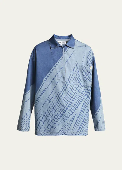 Loewe Men's Denim Shirt With Fishnet Motif In Blue