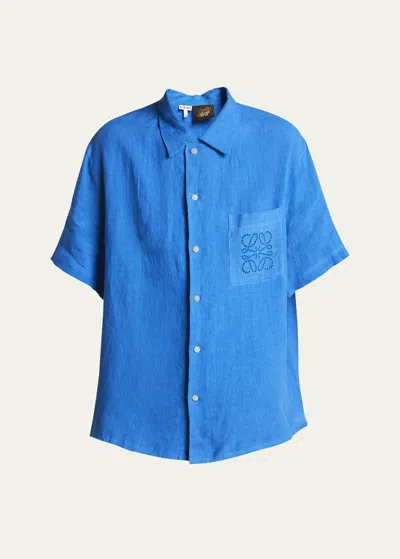 Loewe Men's Embroidered Anagram Linen Short-sleeve Shirt In Sea Blue