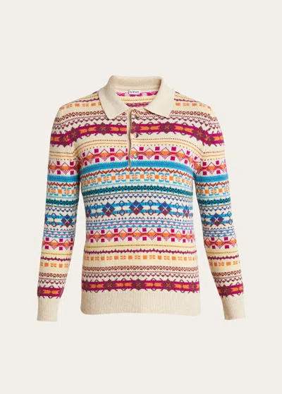 Loewe Men's Fair Isle Polo Jumper In Brown