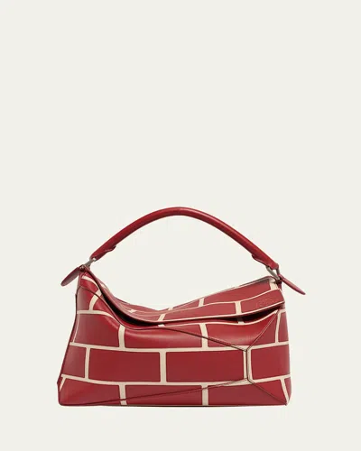 Loewe Men's Large Brick Leather Puzzle Edge Shoulder Bag In Burgundy