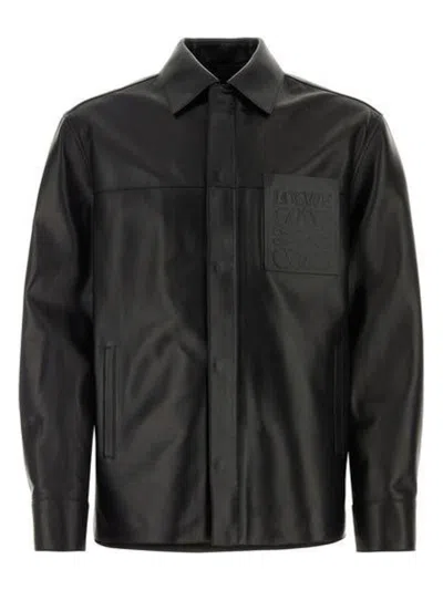 Loewe Anagram Leather Zip-up Overshirt In Black