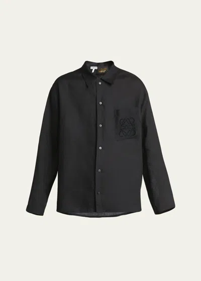Loewe Men's Linen Embroidered Anagram Linen-blend Shirt In Black