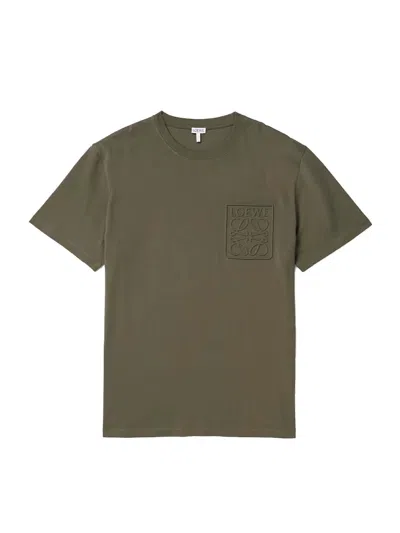 Pre-owned Loewe Men's  Debossed Anagram Cotton T-shirt In Dark Khaki Green