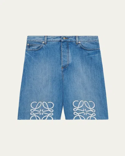 Loewe Men's Maxi-anagram Washed Denim Shorts In Blue