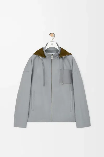 Loewe Logo-debossed Leather-trimmed Cotton-twill Hooded Jacket In Gray