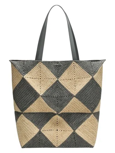 LOEWE MEN'S PUZZLE FOLD TOTE XL NATURAL/GREY RAFFIA BAG