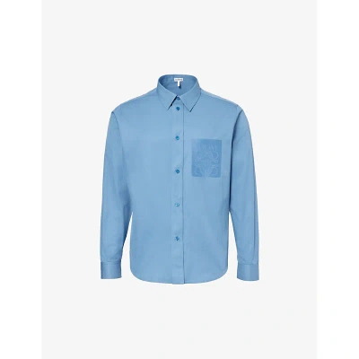 Loewe Mens Riviera Blue Anagram-embroidered Pleated-cuffs Relaxed-fit Cotton-twill Shirt