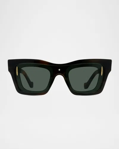 Loewe Men's Signature Layered Acetate Rectangle Sunglasses In Dark Havana Green
