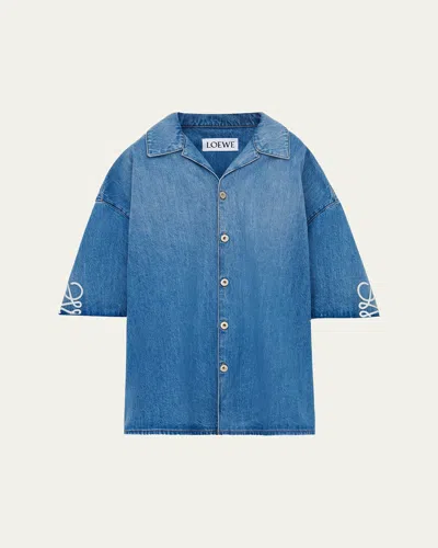Loewe Men's Washed Denim Anagram-sleeve Camp Shirt In Blue