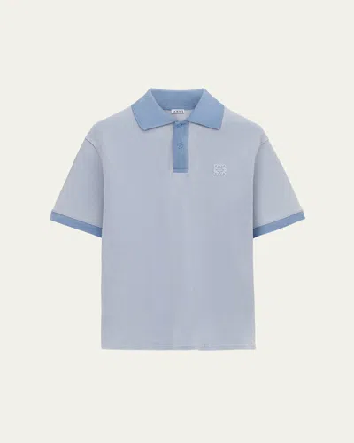 Loewe Men's Washed Pique Chest-anagram Polo Shirt In Blue